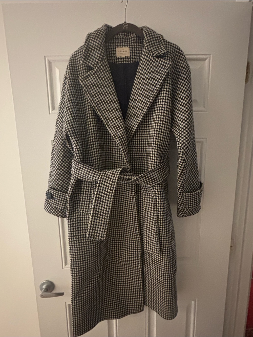 Sezane Marc Coat Black/White Houndstooth Wrap Sz US4/FR 36 - Picture 4 of 6